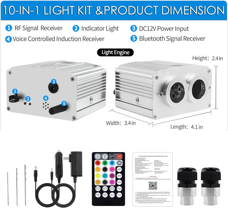 ATOKEE Store 16W Twinkle Dual Head Fiber Optic Light Box, Bluetooth App/RF Remote Control for Starlight Headliner, Car Plug & Power Adapter, PG Connector & 3 Drill Bits - Image 2